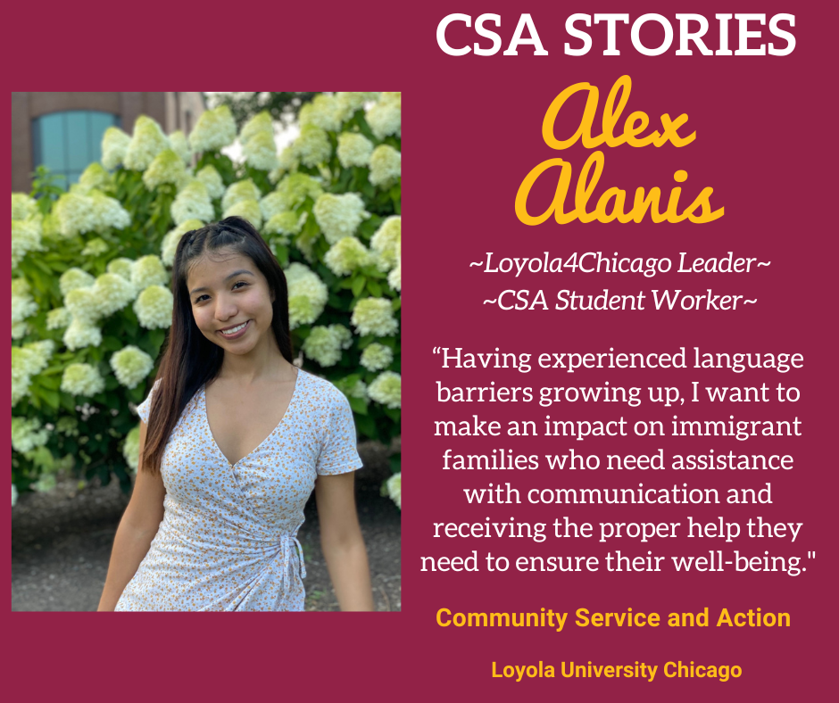 CSA Story Header for Alex Alanis; a headshot image in nature on a maroon and gold background